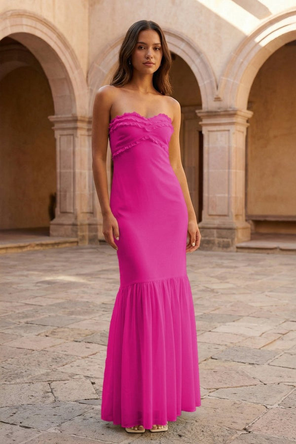 Yellow Strapless Sheath Chiffon Long Prom Dresses With Ruffles – Prom Dress by KissProm | Available at KissProm