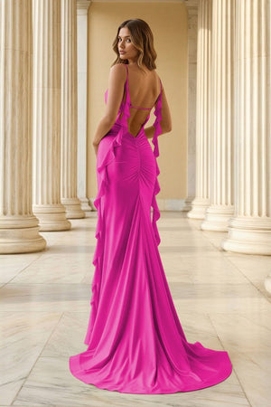 Yellow Spaghetti Straps Mermaid Satin Ruffled Long Prom Dresses With Slit - KissProm