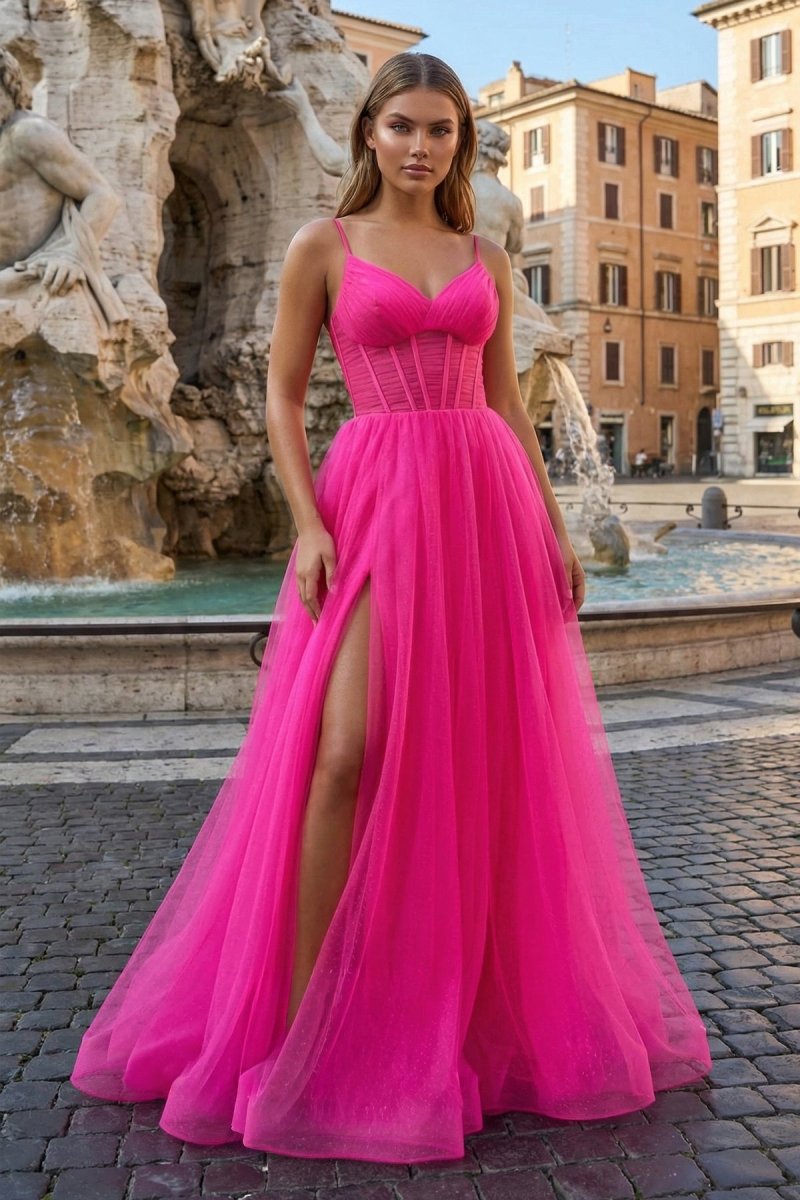 Fuchsia Spaghetti Straps Sheer Bodice A - Line Long Prom Dress with Slit - KissProm
