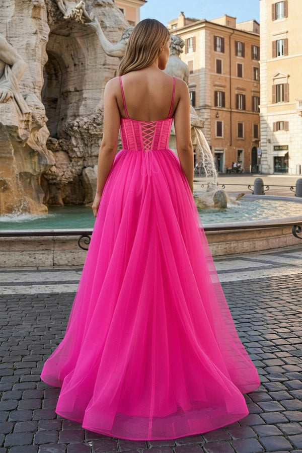 Fuchsia Spaghetti Straps Sheer Bodice A - Line Long Prom Dress with Slit - KissProm