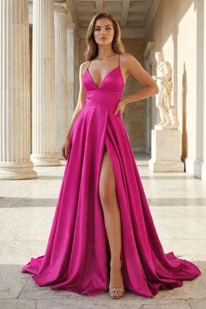 Pink Spaghetti Straps Satin Backless A Line Prom Dress With Pockets - KissProm