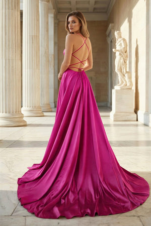 Pink Spaghetti Straps Satin Backless A Line Prom Dress With Pockets - KissProm