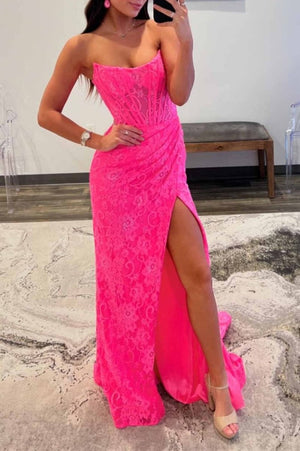 Lavender Strapless Lace Ruched Mermaid Prom Dress with Slit – Prom Dress by KissProm | Available at KissProm