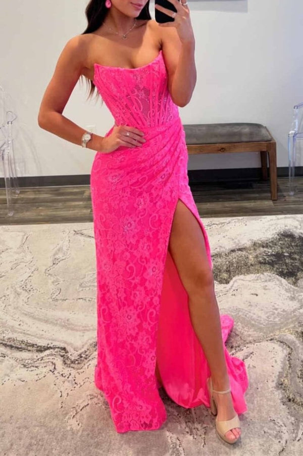 Lavender Strapless Lace Ruched Mermaid Prom Dress with Slit – Prom Dress by KissProm | Available at KissProm