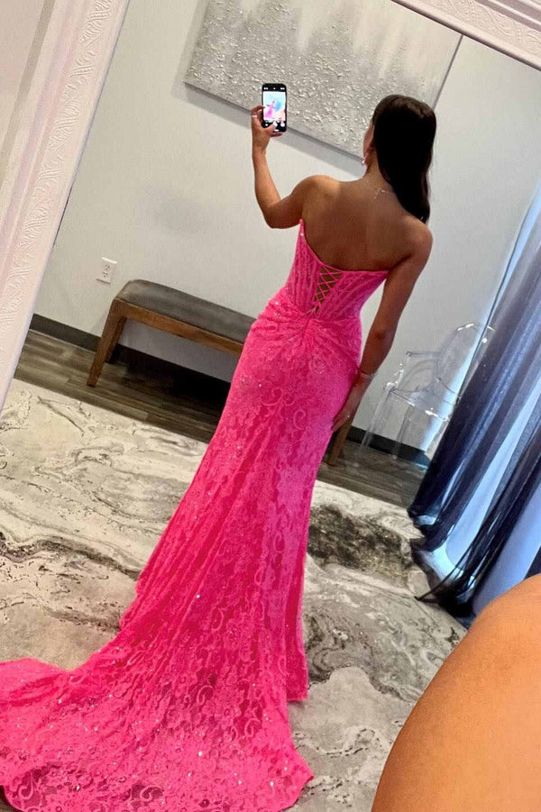 Lavender Strapless Lace Ruched Mermaid Prom Dress with Slit – Prom Dress by KissProm | Available at KissProm
