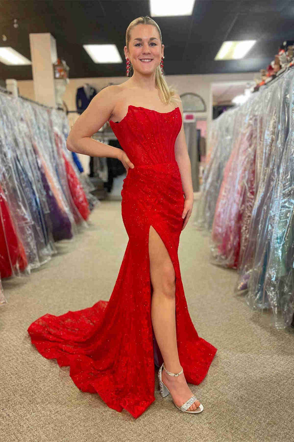 Lavender Strapless Lace Ruched Mermaid Prom Dress with Slit – Prom Dress by KissProm | Available at KissProm