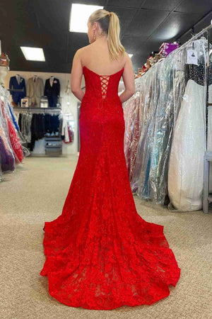 Lavender Strapless Lace Ruched Mermaid Prom Dress with Slit – Prom Dress by KissProm | Available at KissProm