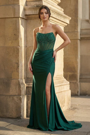 Strapless Mermaid Beaded Long Prom Dress With Slit - KissProm