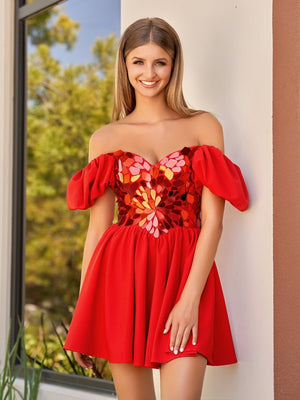 Galatea | A-Line Short Red Cut-Glass Sweetheartg Dress