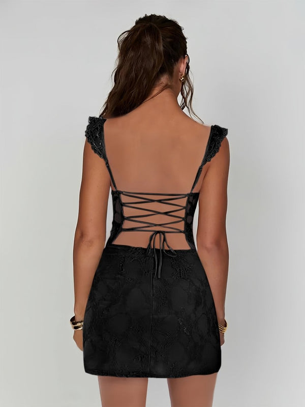 Gema | Black - Spaghetti Straps Sheath Lace Short Homecoming Dress With Slit