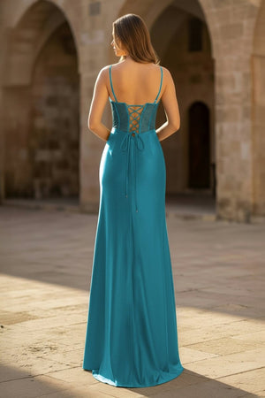 Sheer Corset Dark Green Beaded Mermaid Long Formal Dress - KissProm
