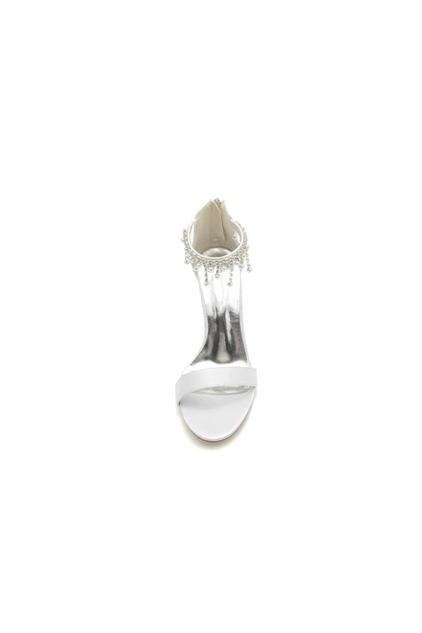 Glamorous White Leather High Heels with Silver Chain Accent - KissProm