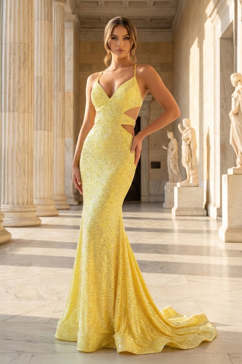 Sparkly Mermaid V Neck Yellow Sequins Long Prom Dresses – Prom Dresses by KissProm | Available at KissProm