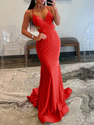 Sparkly Mermaid V Neck Yellow Sequins Long Prom Dresses – Prom Dresses by KissProm | Available at KissProm