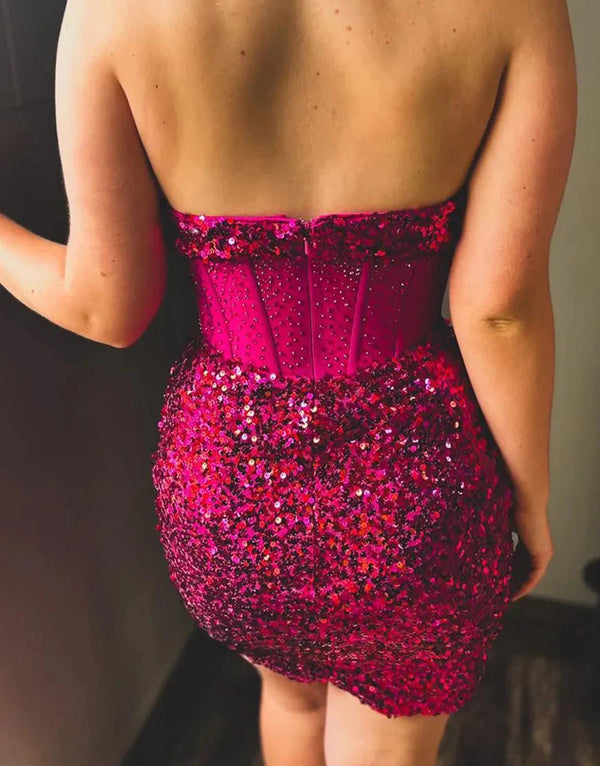 Glitter Fuchsia Strapless Sequins Corset Homecoming Dress - KissProm