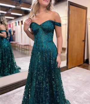 Glitter Mermaid Off The Shoulder Dark Green Long Prom Dress – Prom Dress by KissProm | Available at KissProm