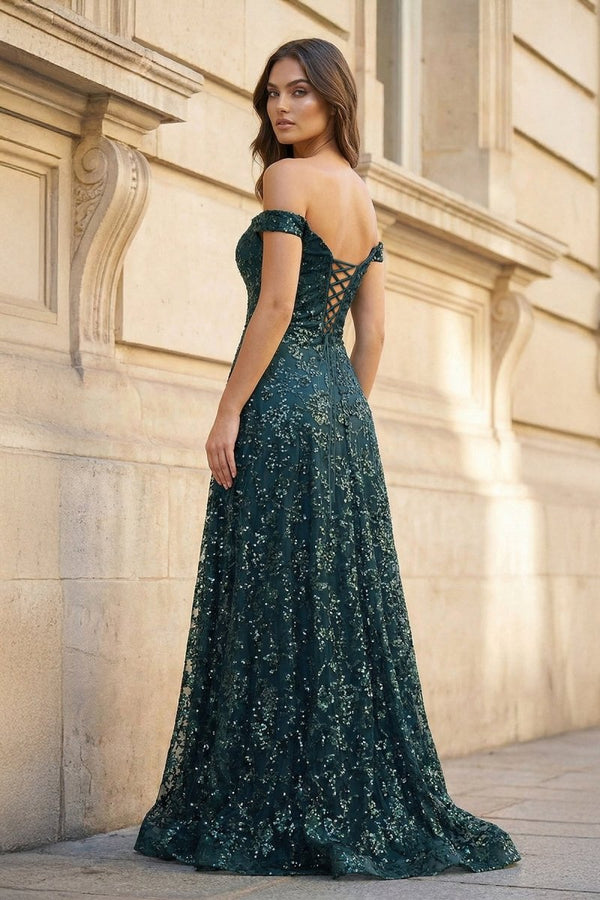 Glitter Mermaid Off The Shoulder Dark Green Long Prom Dress – Prom Dress by KissProm | Available at KissProm