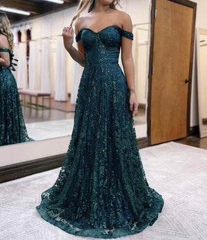 Glitter Mermaid Off The Shoulder Dark Green Long Prom Dress – Prom Dress by KissProm | Available at KissProm