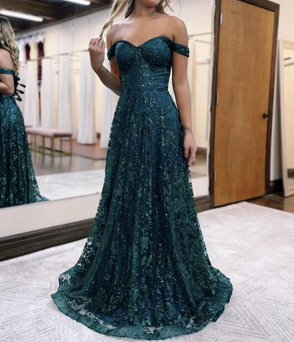 Glitter Mermaid Off The Shoulder Dark Green Long Prom Dress – Prom Dress by KissProm | Available at KissProm