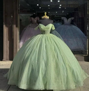 Glitter Off The Shoulder Beading Tulle Long Quinceanera Dresses - KissProm