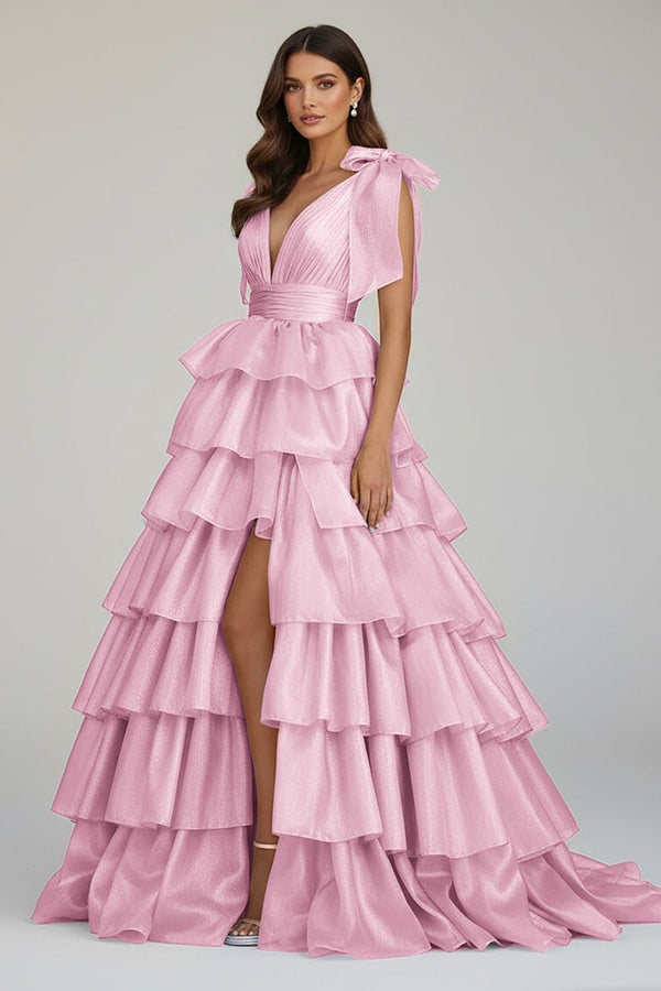 KissProm-August Light Pink Glitter Tie Straps Pink Plunging Neck Tiered Long Prom Dress