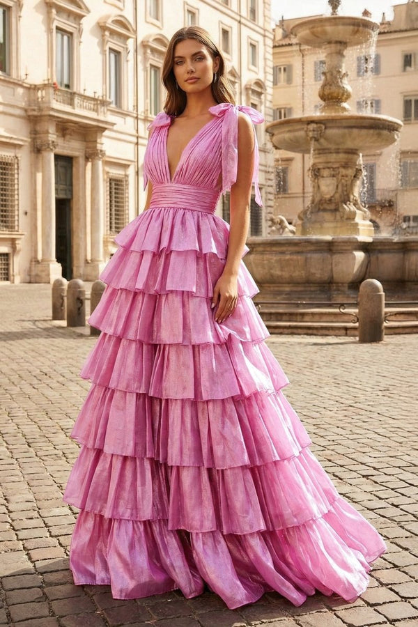 Glitter Tie Straps Pink Plunging Neck Tiered Long Prom Dress - KissProm