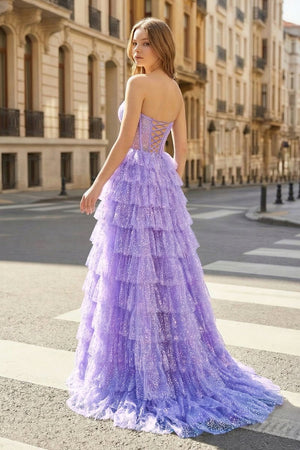 Glitter Tulle Corset Ruffle Tiered Long Prom Dress with Slit - KissProm