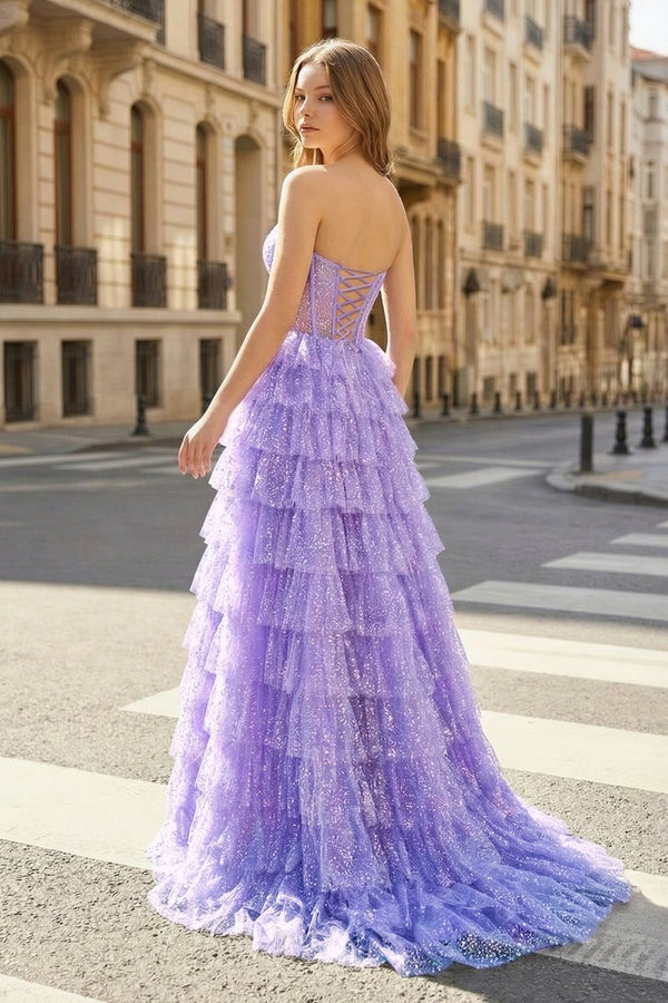 Glitter Tulle Corset Ruffle Tiered Long Prom Dress with Slit - KissProm