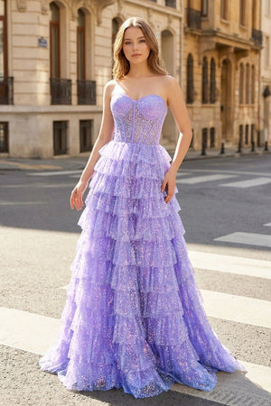 Glitter Tulle Corset Ruffle Tiered Long Prom Dress with Slit - KissProm