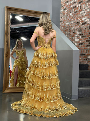 A-Line Lace Off-the-Shoulder Tiered Long Prom Dress with Slit – Prom Dress by KissProm | Available at KissProm