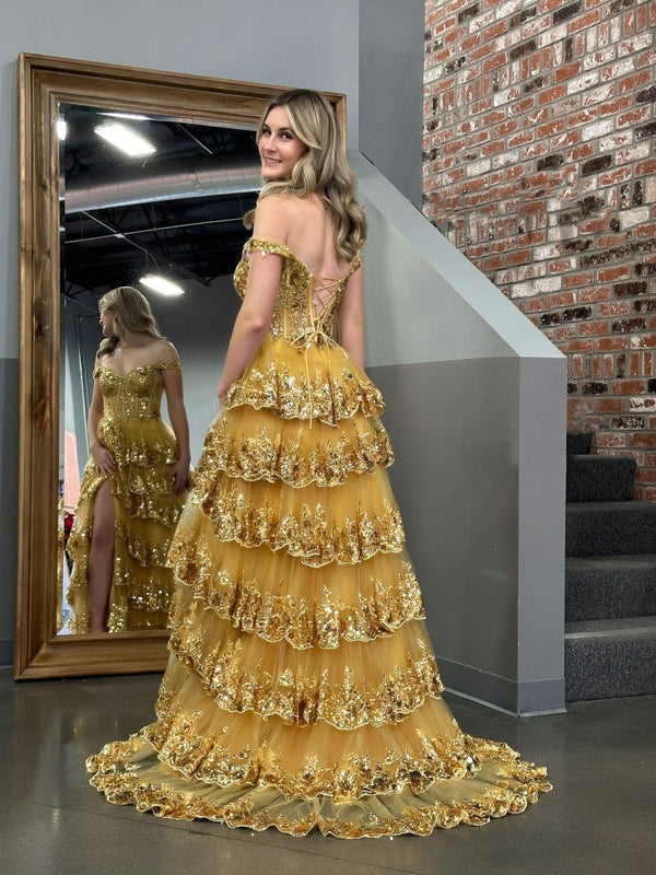 A-Line Lace Off-the-Shoulder Tiered Long Prom Dress with Slit – Prom Dress by KissProm | Available at KissProm