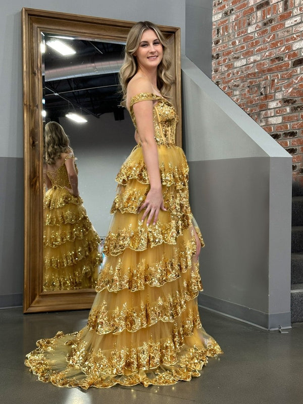 A-Line Lace Off-the-Shoulder Tiered Long Prom Dress with Slit – Prom Dress by KissProm | Available at KissProm