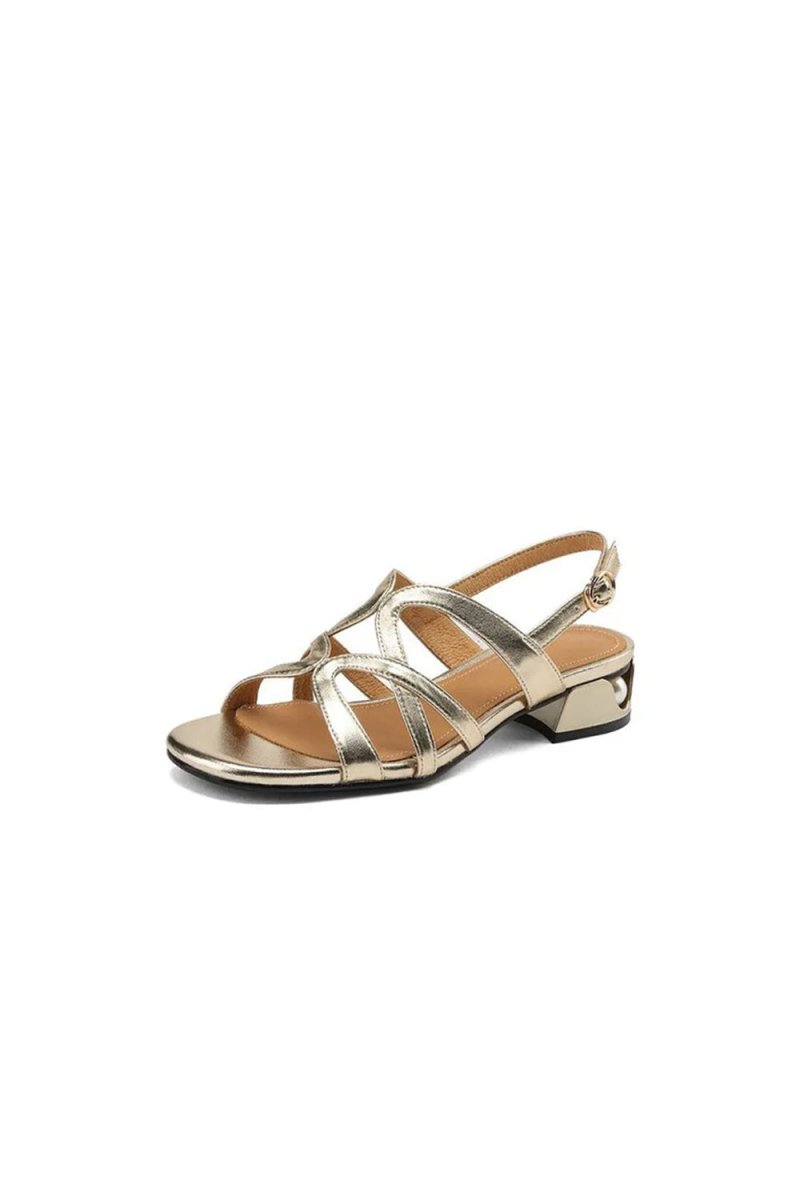 Golden Sparkly Low Chunky Heel Sandal - KissProm