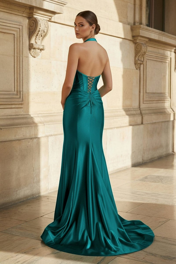 Navy Halter Corset Mermaid Ruched Long Formal Dress with Slit – Prom Dress by KissProm | Available at KissProm