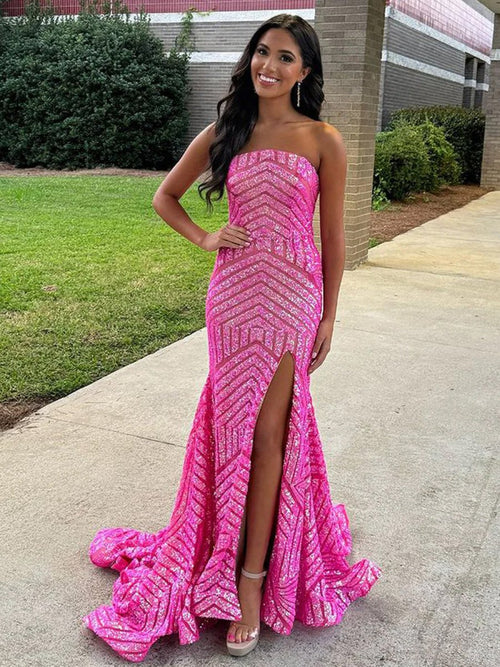 Mermaid Hot Pink Sequins Strapless Prom Dresses with Slit – Prom Dresses by KissProm | Available at KissProm
