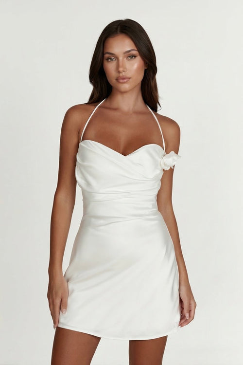 Halter Satin Sheath Floral Graduation Dress - KissProm