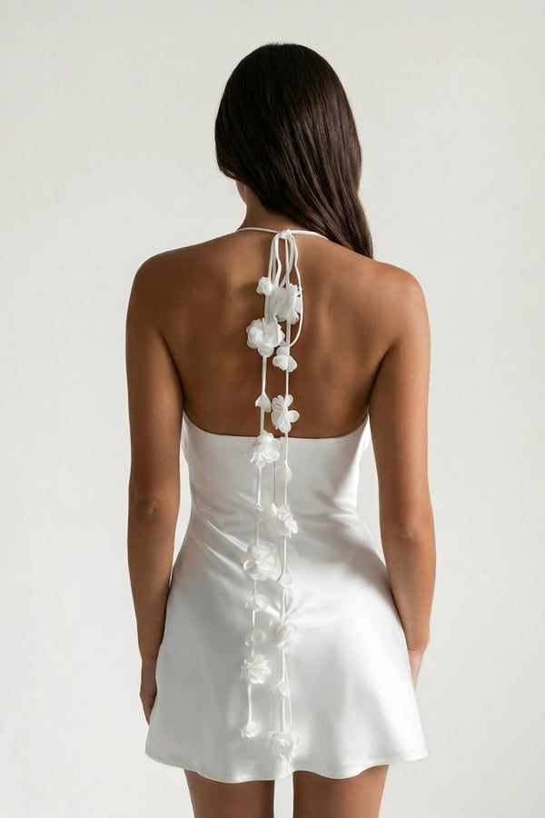 Halter Satin Sheath Floral Graduation Dress - KissProm
