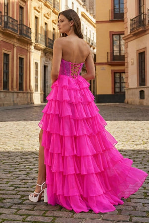 Fuchsia - A Line Strapless Chiffon Beaded Corset Long Prom Dress With Slit - KissProm