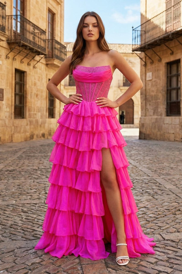 Fuchsia - A Line Strapless Chiffon Beaded Corset Long Prom Dress With Slit - KissProm