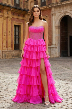 Fuchsia - A Line Strapless Chiffon Beaded Corset Long Prom Dress With Slit - KissProm