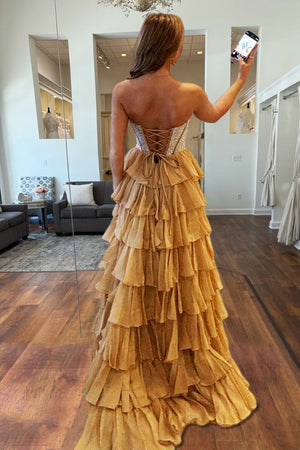 Hanya | Gold - A Line Strapless Chiffon Beaded Corset Long Prom Dress With Slit - KissProm