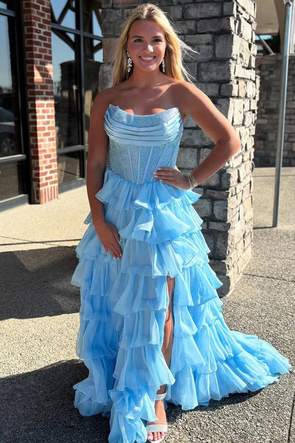 Sky Blue - A Line Strapless Chiffon Beaded Corset Long Prom Dress With Slit – Prom Dresses by KissProm | Available at KissProm