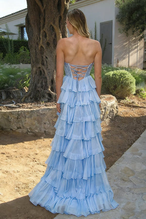 Sky Blue - A Line Strapless Chiffon Beaded Corset Long Prom Dress With Slit – Prom Dresses by KissProm | Available at KissProm