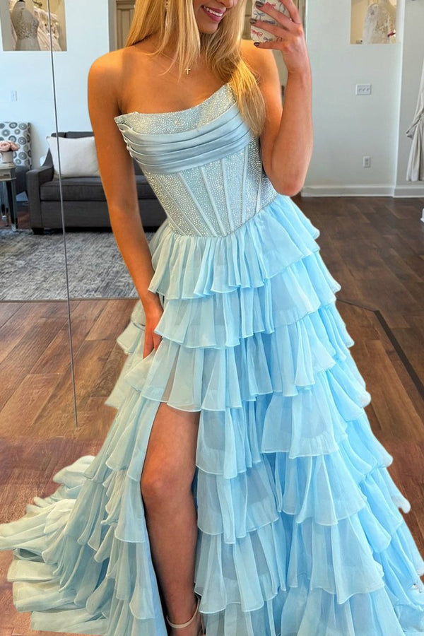 Sky Blue - A Line Strapless Chiffon Beaded Corset Long Prom Dress With Slit – Prom Dresses by KissProm | Available at KissProm