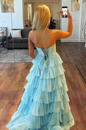 Sky Blue - A Line Strapless Chiffon Beaded Corset Long Prom Dress With Slit – Prom Dresses by KissProm | Available at KissProm