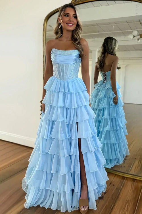 Sky Blue - A Line Strapless Chiffon Beaded Corset Long Prom Dress With Slit – Prom Dresses by KissProm | Available at KissProm
