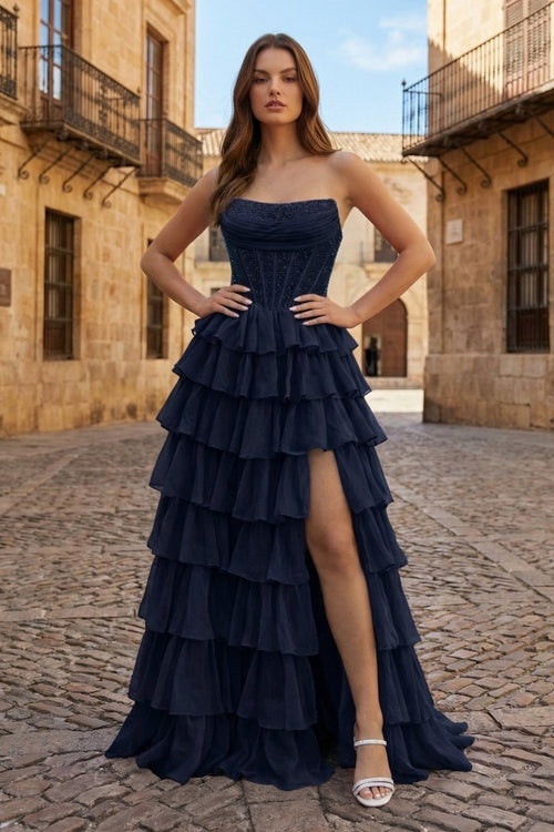 Navy Blue - A Line Strapless Chiffon Beaded Corset Long Prom Dress With Slit - KissProm