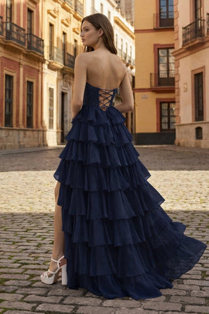 Navy Blue - A Line Strapless Chiffon Beaded Corset Long Prom Dress With Slit - KissProm