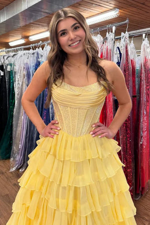 Yellow - A Line Strapless Chiffon Beaded Corset Long Prom Dress With Slit – Prom Dresses by KissProm | Available at KissProm