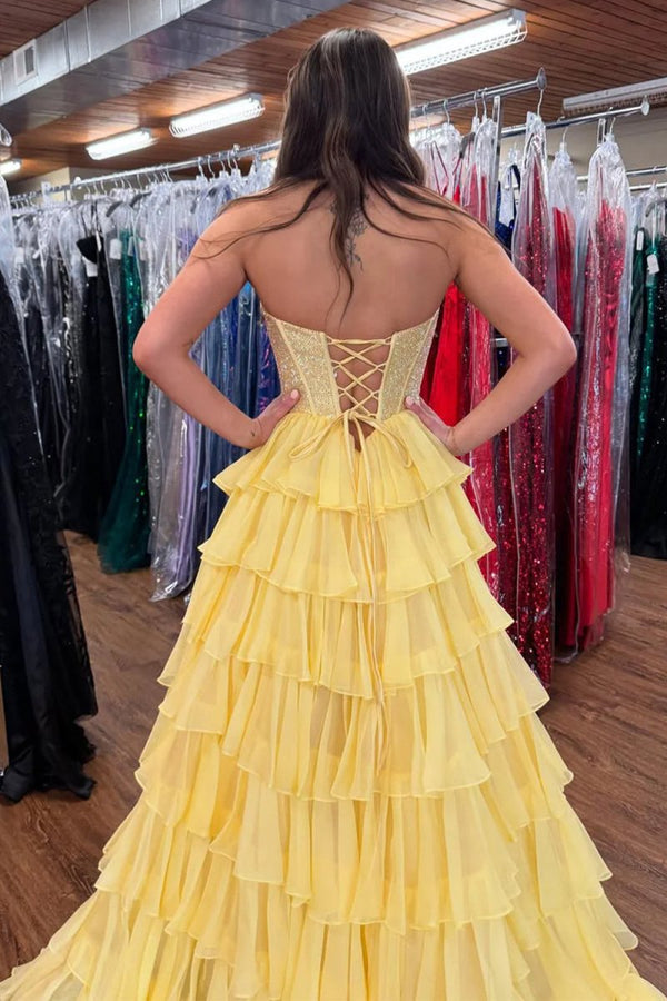 Yellow - A Line Strapless Chiffon Beaded Corset Long Prom Dress With Slit – Prom Dresses by KissProm | Available at KissProm